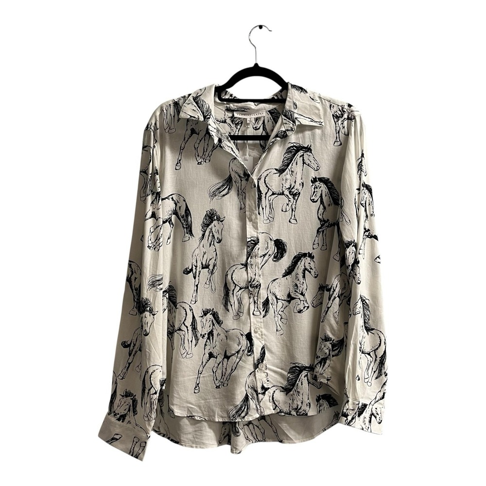 Jane & Delancey Shirt White Black Horse Print Linen Blend Button Down Size M